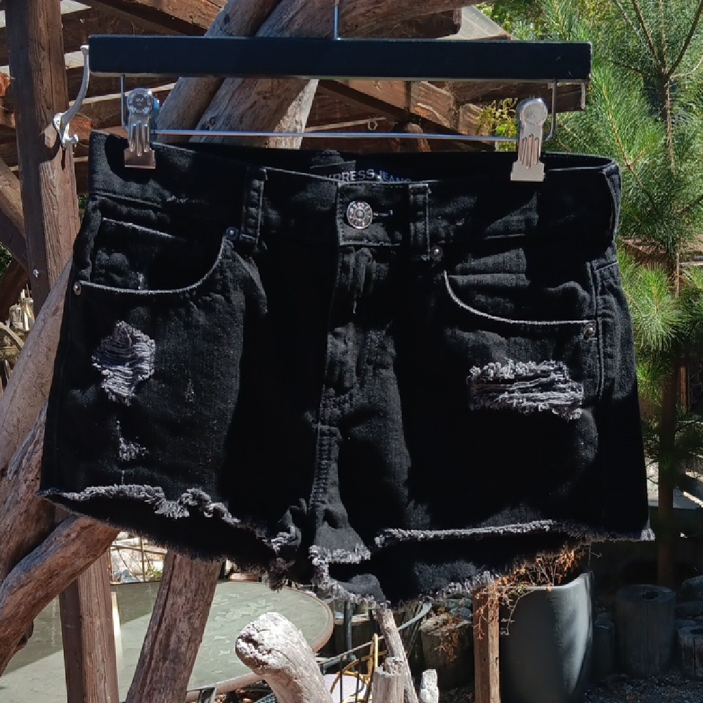 Express High Rise Distressed Black Denim Shorts